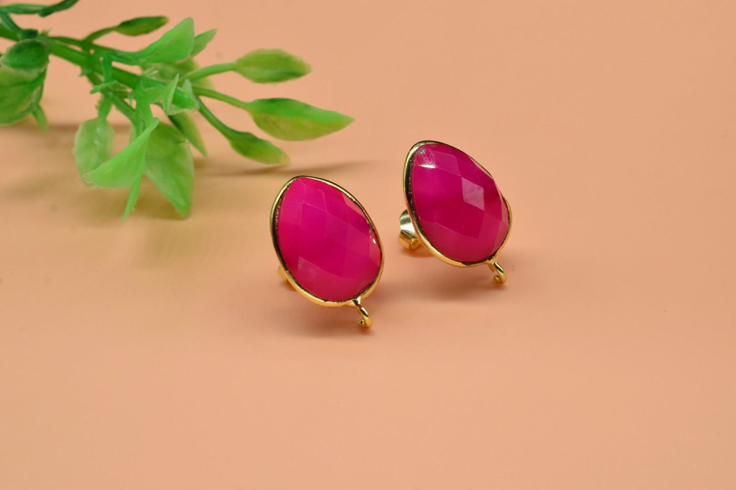 Pink Chalcedony studs Connector,Jewelry,Gemstone Ear Post Stud Connector,10x14mm Teardrop Earring Connector,Jewelry Finding Connector,B'Gift