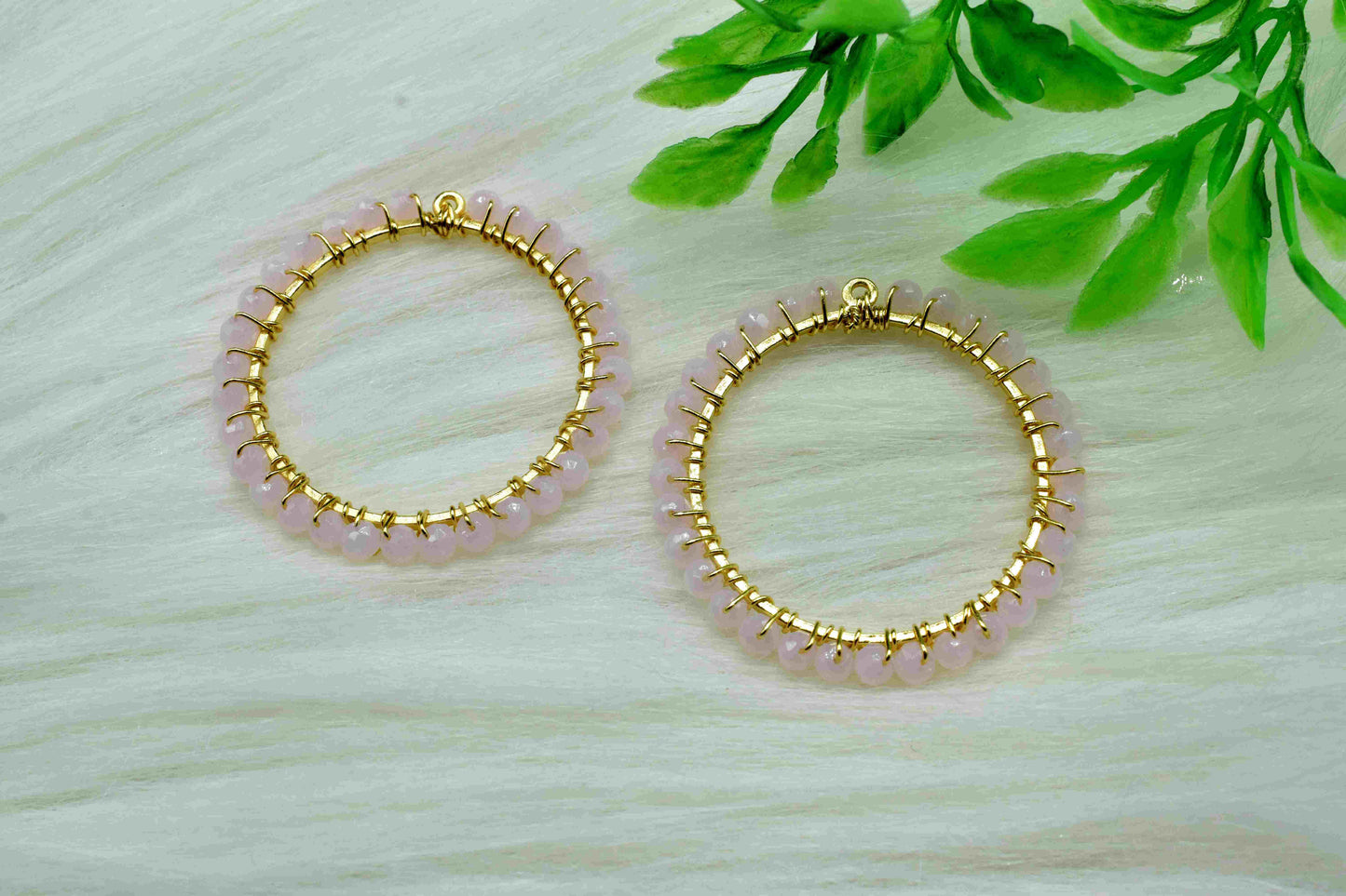 Pink Chalcedony Wire Wrapped Dangle Connector, Beaded Hoops Earring, Circle Pendant Component, Handmade Earring, Finding Pink Quartz Jewelry