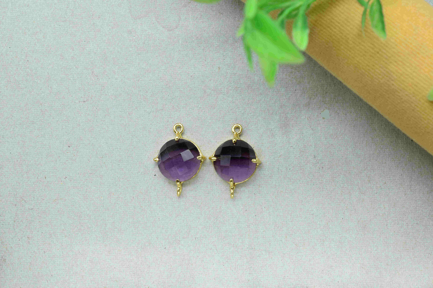 Amethyst Gemstone 12mm Round Shape Connector,Amethyst Gold Plating Component Jewelry,Amethyst Double Loop Gemstone Connector Jewelry Making
