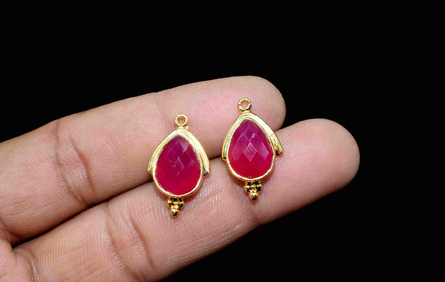Pink Chalcedony Faceted 9x13mm Pear Bezel Connector,Chalcedony Single bail connector jewelry making charm,Chalcedony Gold Plated bezel