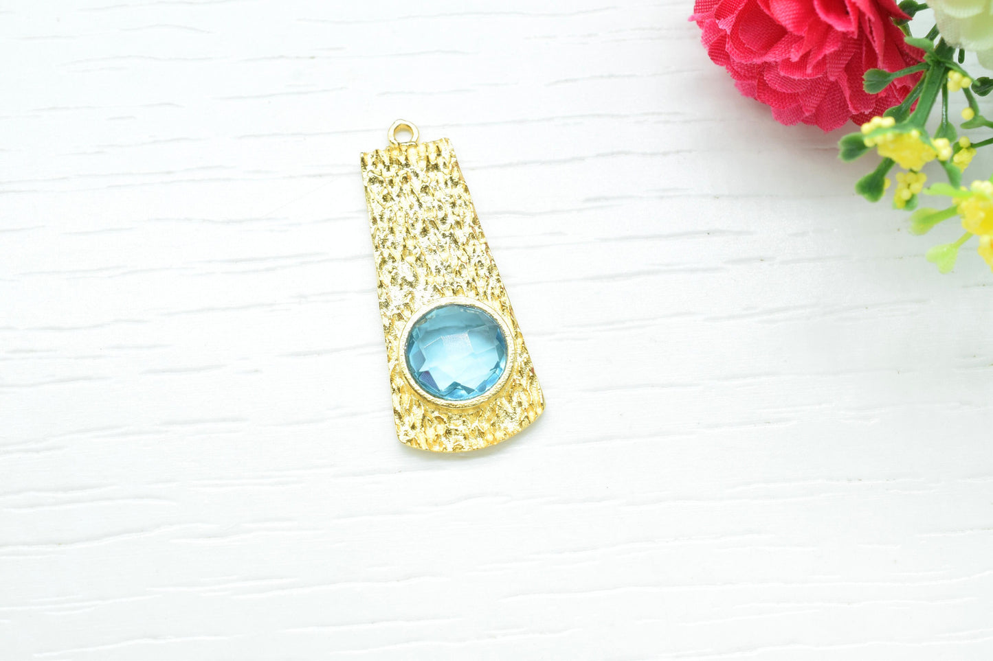 Blue Topaz Pendant , Blue Topaz Gemstone Handmade Pendant , Single Bail Charms , Gold Plated Connectors , Gemstone Connector Charm