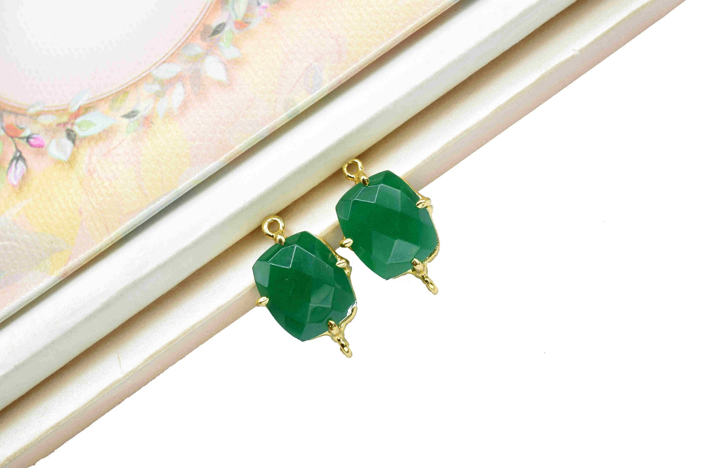 Green Onyx Gemstone 10x12mm Bezel Connector Jewelry,Green Onyx Handmade Gemstone Bezel,Green onyx Rectangle Shape double bail connector,Gift
