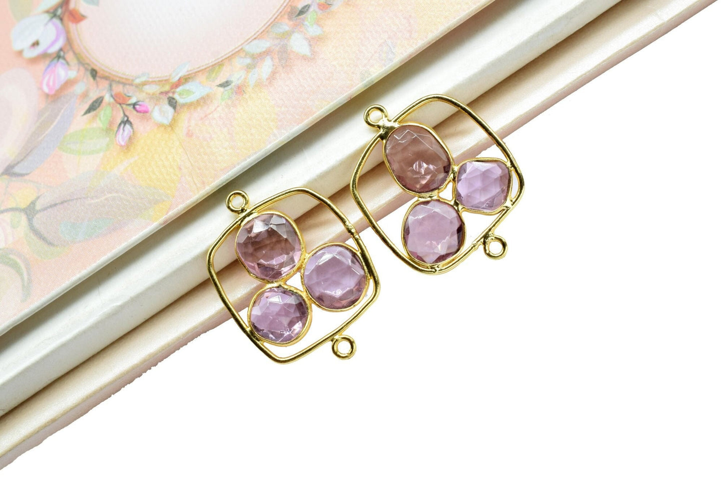 Pink Amethyst Quartz Dangle Earring Component,Gemstone Square Shape Component,Finding Necklace Connector,Pink AmethystBead Earring Connector