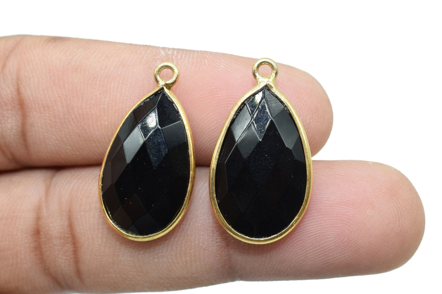Black Onyx 12x20mm Pear shape charm,Black Onyx Pear Shape Bezel Connector Gold Plated,Black Onyx Connector,Single Bail Connector,Bezel Charm