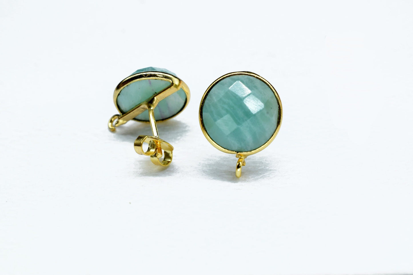 Amazonite 12mm Round Earring Connector,Gemstone Stud Ear Post,Earring Making Connector,Bezel frame Connector,Gemstone Bezel Connector,Studs