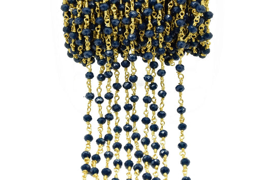 Blue Agate 3mm Beaded Chain,Blue Agate Rosary Chains,Blue Agate Gold Plating Wire Wrap Chain,Brass chain,Jewelry Making Chain,Rosary chain