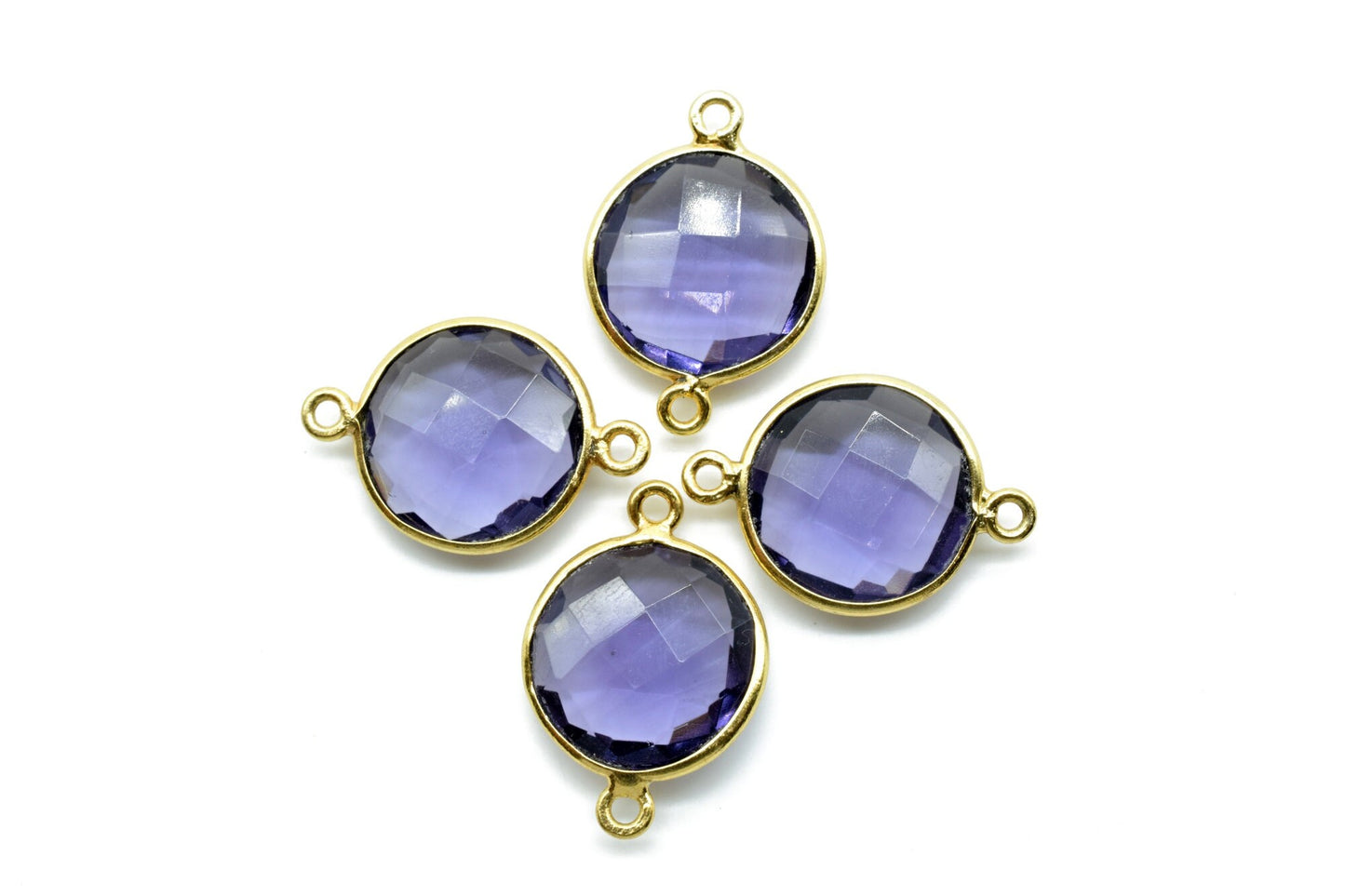 Amethyst 14mm Round double bail Connectors,Brass Gold Plated bezel,Amethyst Pendant,February Birthstone Coin Links,Jewelry Making Findings