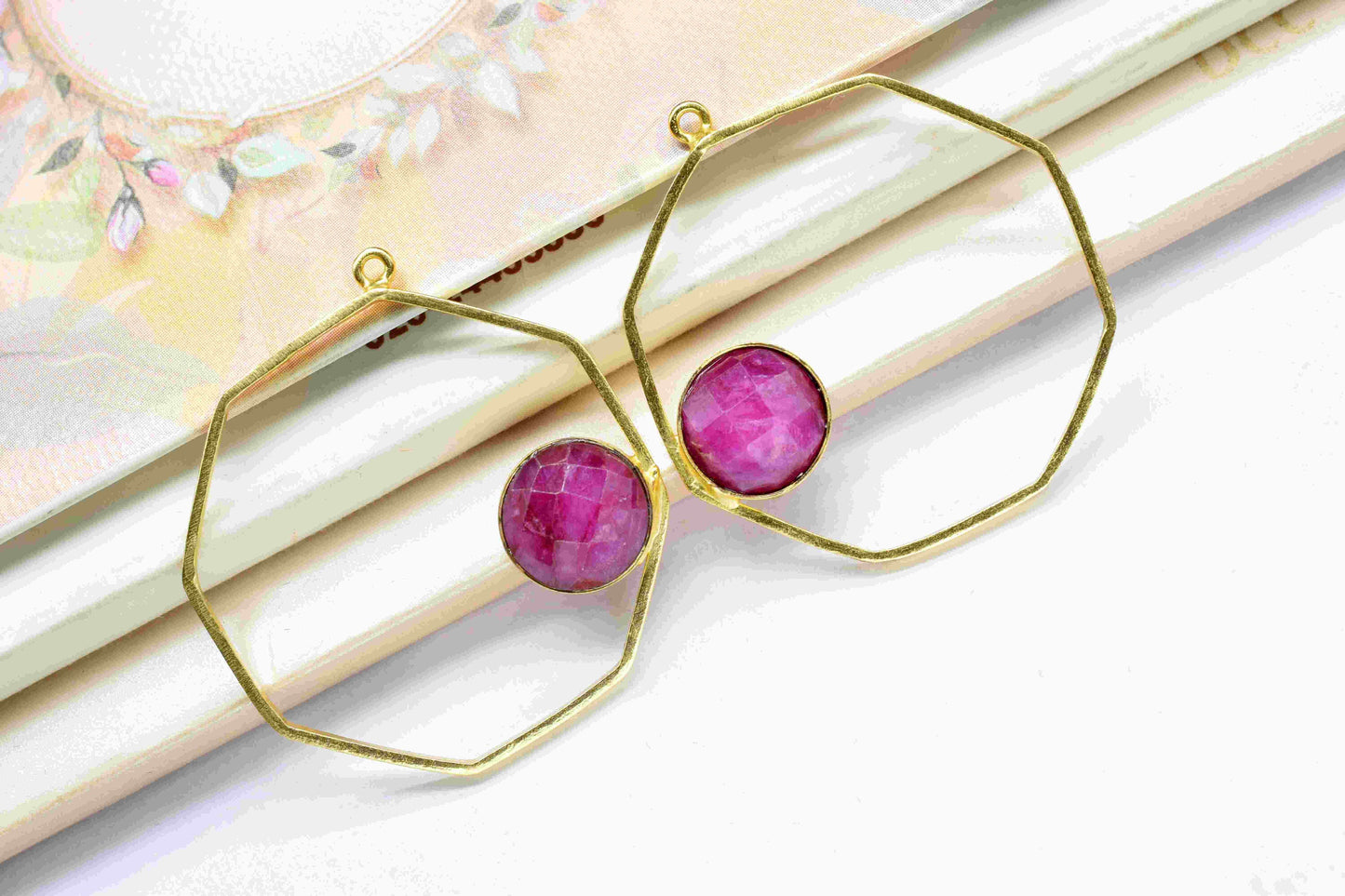 Ruby 10mm Round Shape Earring, Finding 32mm Hexagon Necklace Component Jewelry, Finding Earring Connector, Ruby Gemstone Pendants, Component