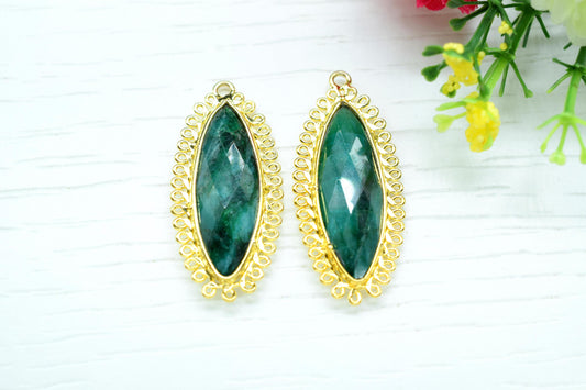 Emerald 10x30mm Marquise Bezel Charm,Single Bail Pendant,Handmade Jewellery Connectors,,Gemstone Brass Component,Handmade Connector,Gift