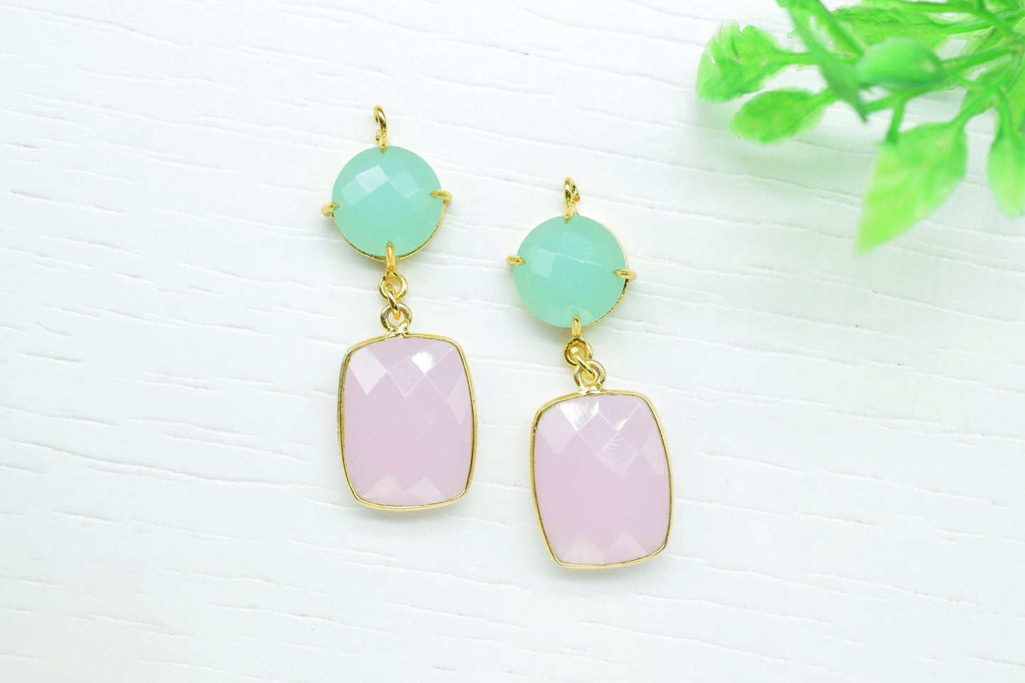 Aqua Chalcedony Prong Setting Bezel Charm/Handmade Pendant/Multi Stone Pendant/Station Bezel Link/Rose Quartz Connector/Earring Connector