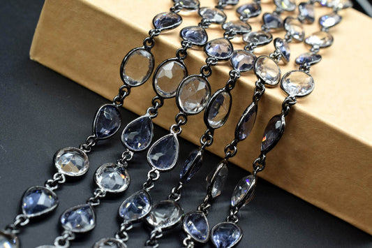 Crystal & Iolite Bezel link Chain I Handmade Bezel Link Chain, black rhodium Bezel Chain,Brass Chaina,Gemstone Connector Chain Per Foot