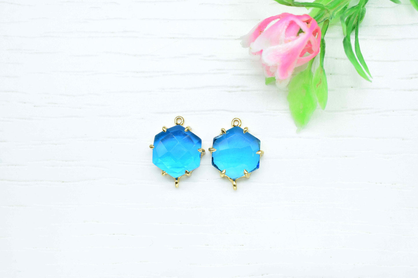 Blue Topaz Hexagon Connector,double bail connector,Charm for bracelet necklace Jewelry Making,Handmade Gemstone Bezel,Beads Prong Jewelry