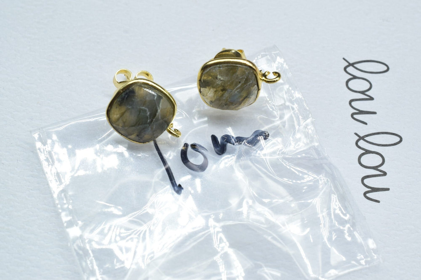 1 Pair Natural Labradorite 10mm Cushion Connector Post Stud,Earring Connectors,Labradorite Jewelry, Jewelry Findings,Single Loop Connectors