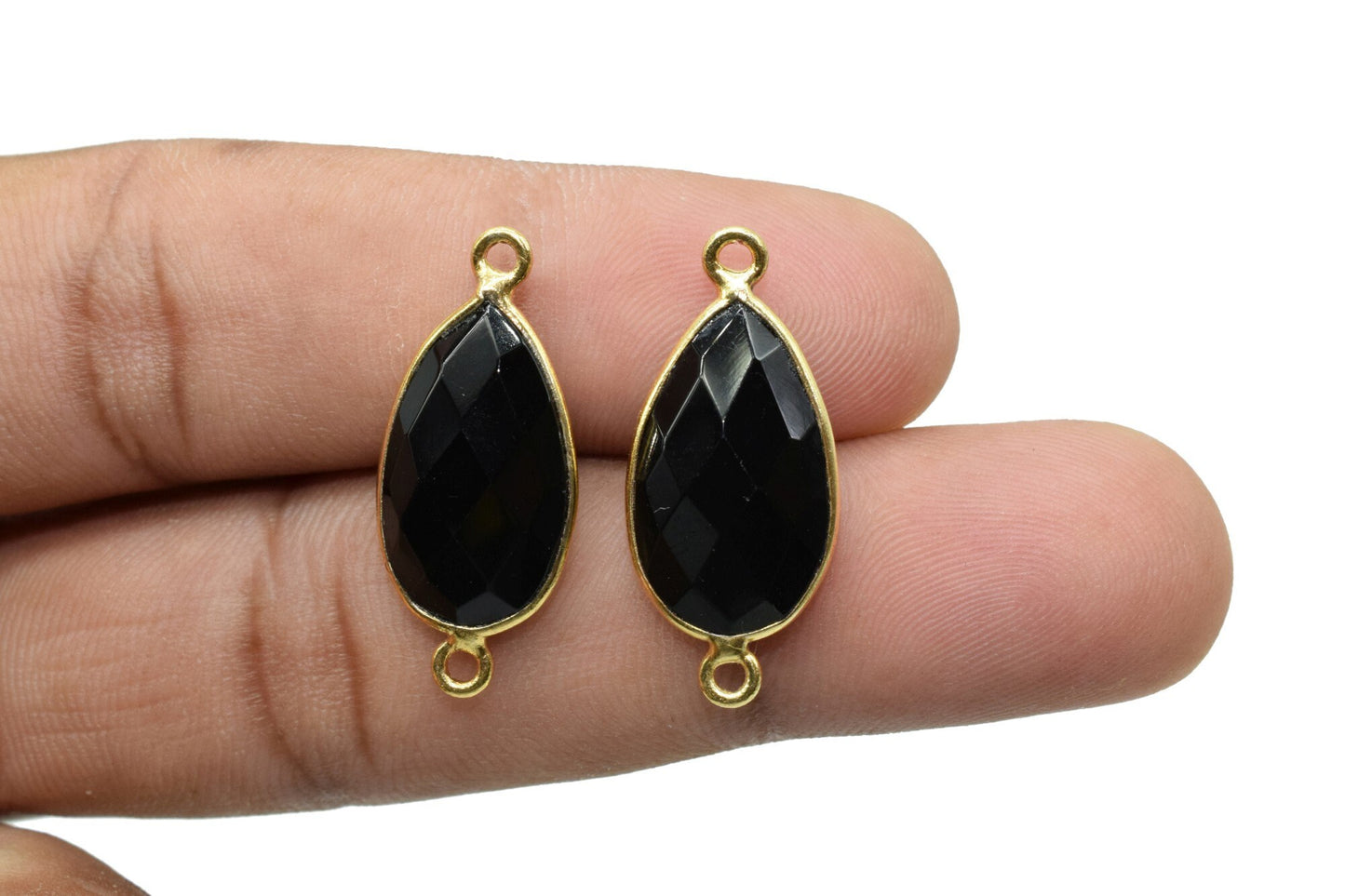 Black Onyx 10x18mm Pear shape double loop connectors,Checker Board cut Black Onyx Pendant,Black Onyx charms,Black Onyx Briolettes,Black Onyx
