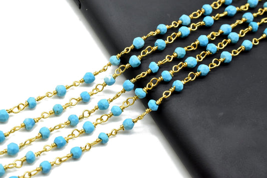 Turquoise 3mm Beaded Chain,Beaded Gold Plated Rosary Chain,Turquoise Rondelle Faceted Rosary Chain,jewelry Making,Finding,Bulk Roll Wire