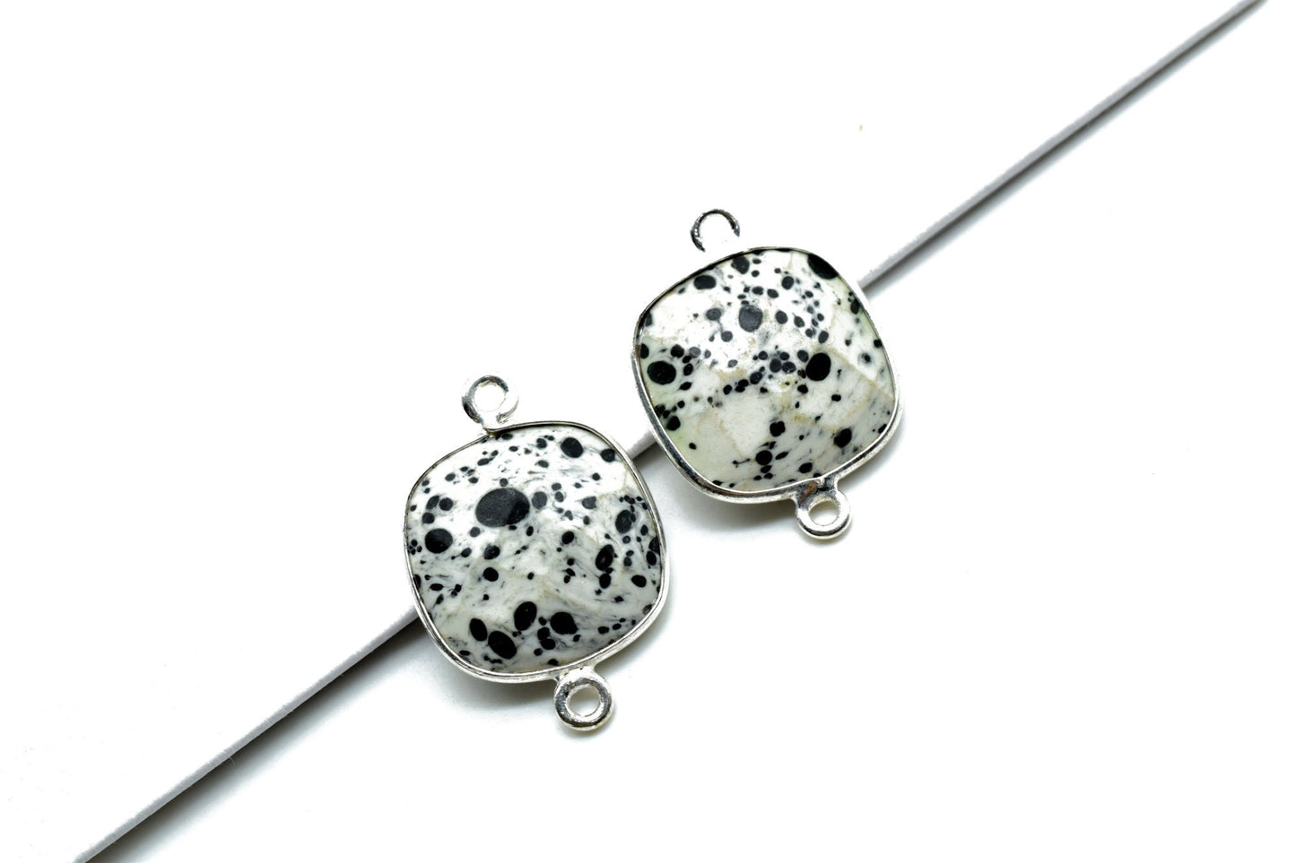 Dendrite Opal 14mm Cushion double loop connectors,Dendrite Opal Bezel Findings Cushion Charm,Dendrite Opal Cushion Shape silver Plated charm