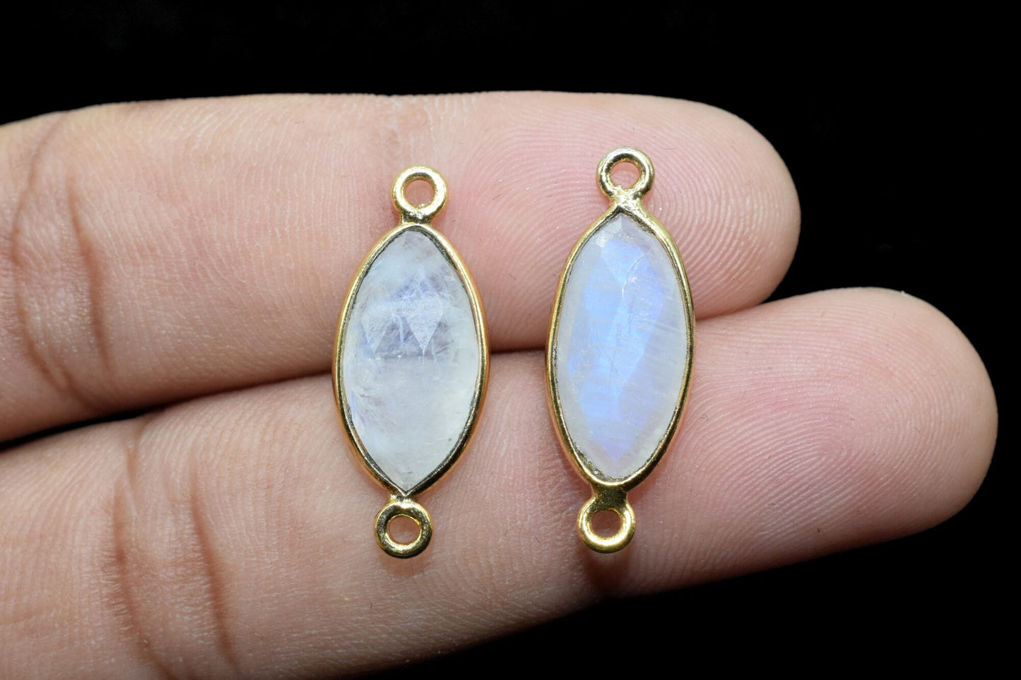 Moonstone 8x16mm marquise shape double bail charm,Moonstone marquise Connector Pendant, White Rainbow Bezel Link Double Bail Connector,