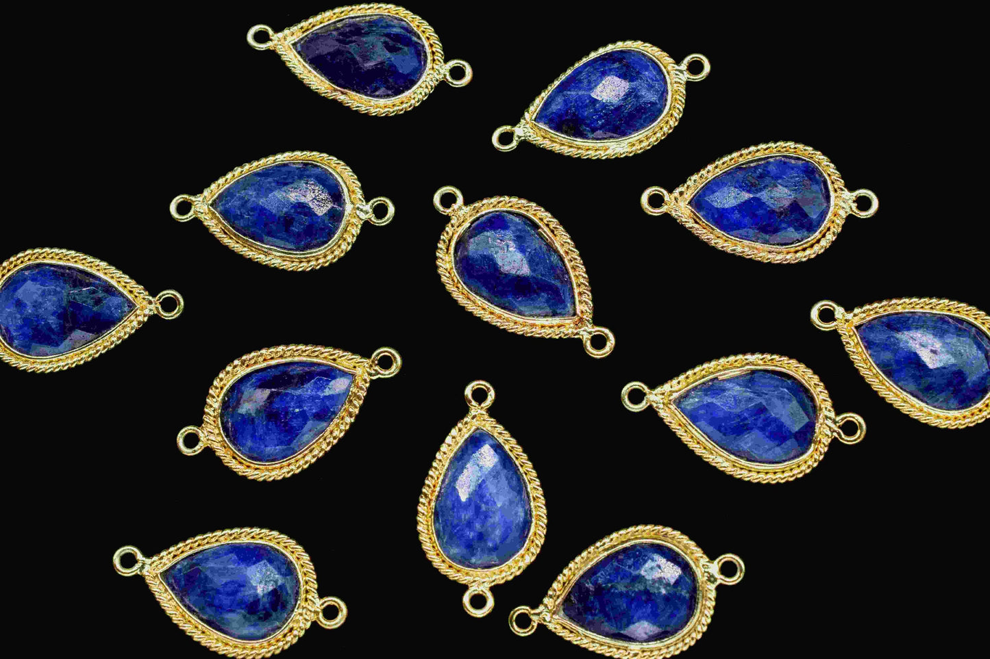 Blue Sapphire 9x13mm Pear Shape Charm,Double Bail Connector,Bezel Charms,Sapphire Pear Shape Bezel Connector Gold Plated,Sapphire Connectors