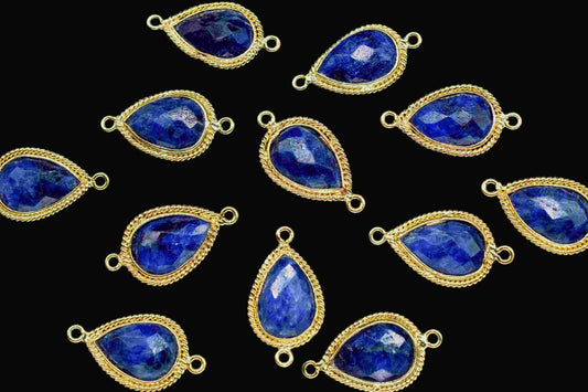 Blue Sapphire 9x13mm Pear Shape Charm,Double Bail Connector,Bezel Charms,Sapphire Pear Shape Bezel Connector Gold Plated,Sapphire Connectors