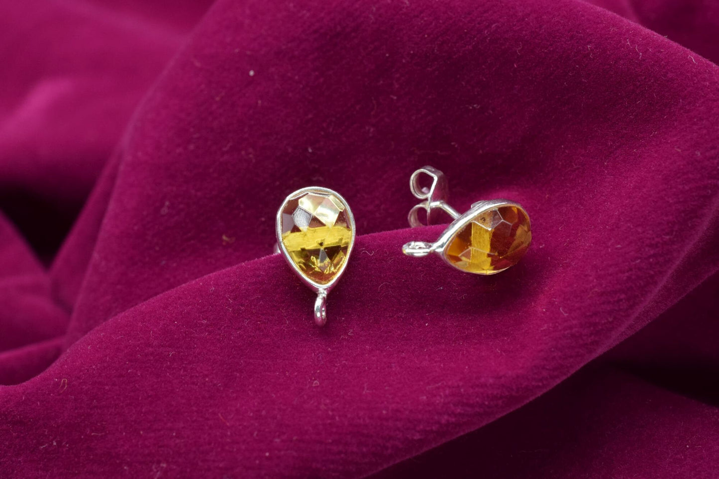 Citrine 7x10mm Teardrop shape Earring connector Stud post setting with loop open bail, Citrine Silver Plated Earring With Loop