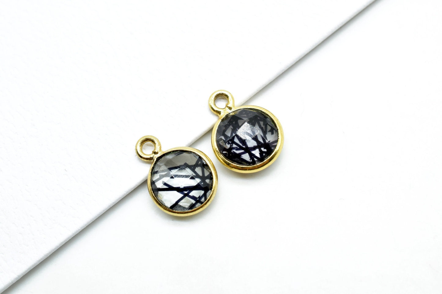 Black Rutile 8mm charm,Black Rutile Pendant,Black Rutile Round Gold Plated bezel, Rutile Vermeil Bezel,jewelry making charm,Brass connecotr