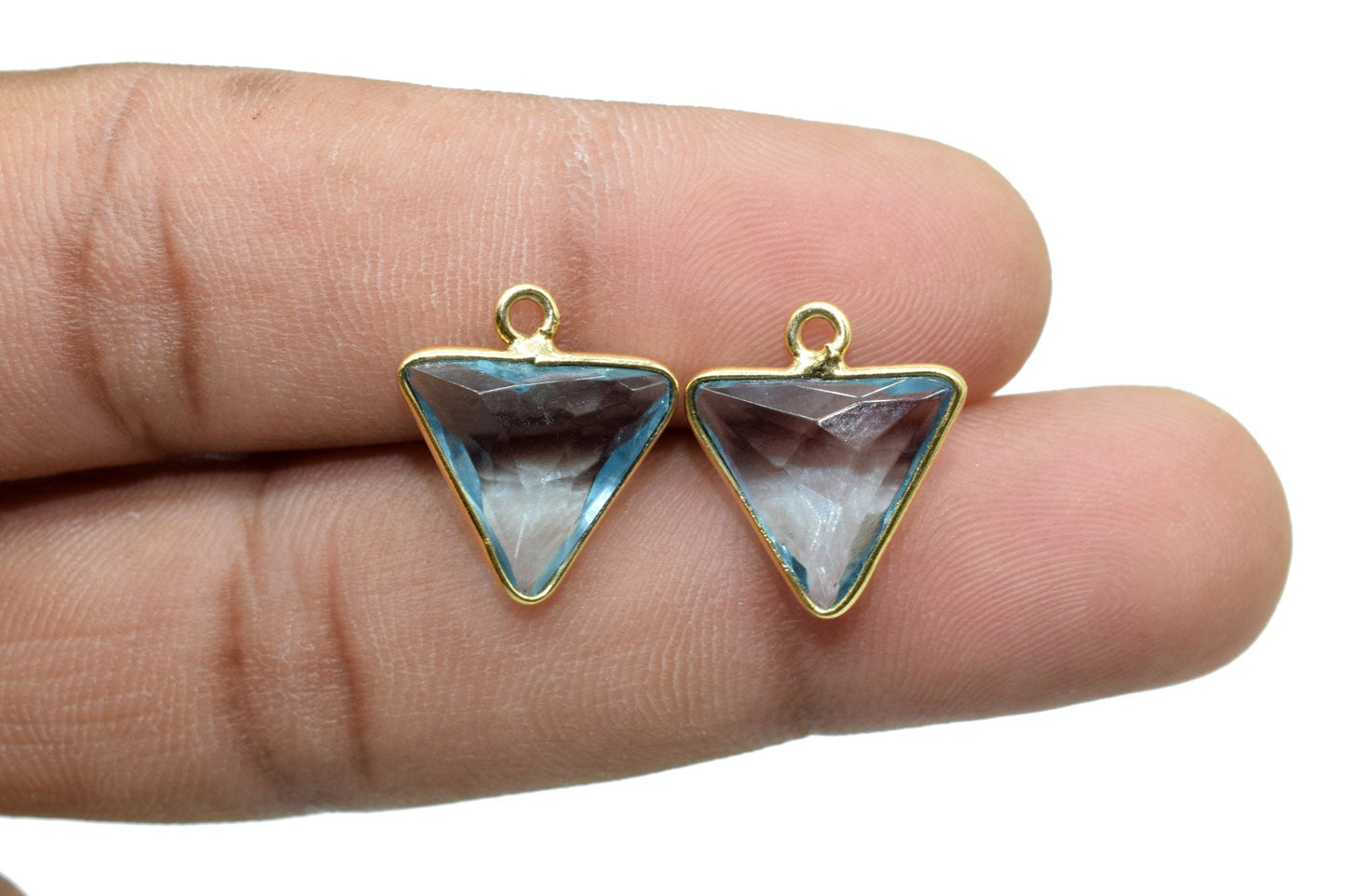 Sky Topaz 12mm Triangle shape pendant,Sky Topaz Gold Plated bezel,jewelry making charms craft,Sky Topaz single bail connectors,Fancy Topaz