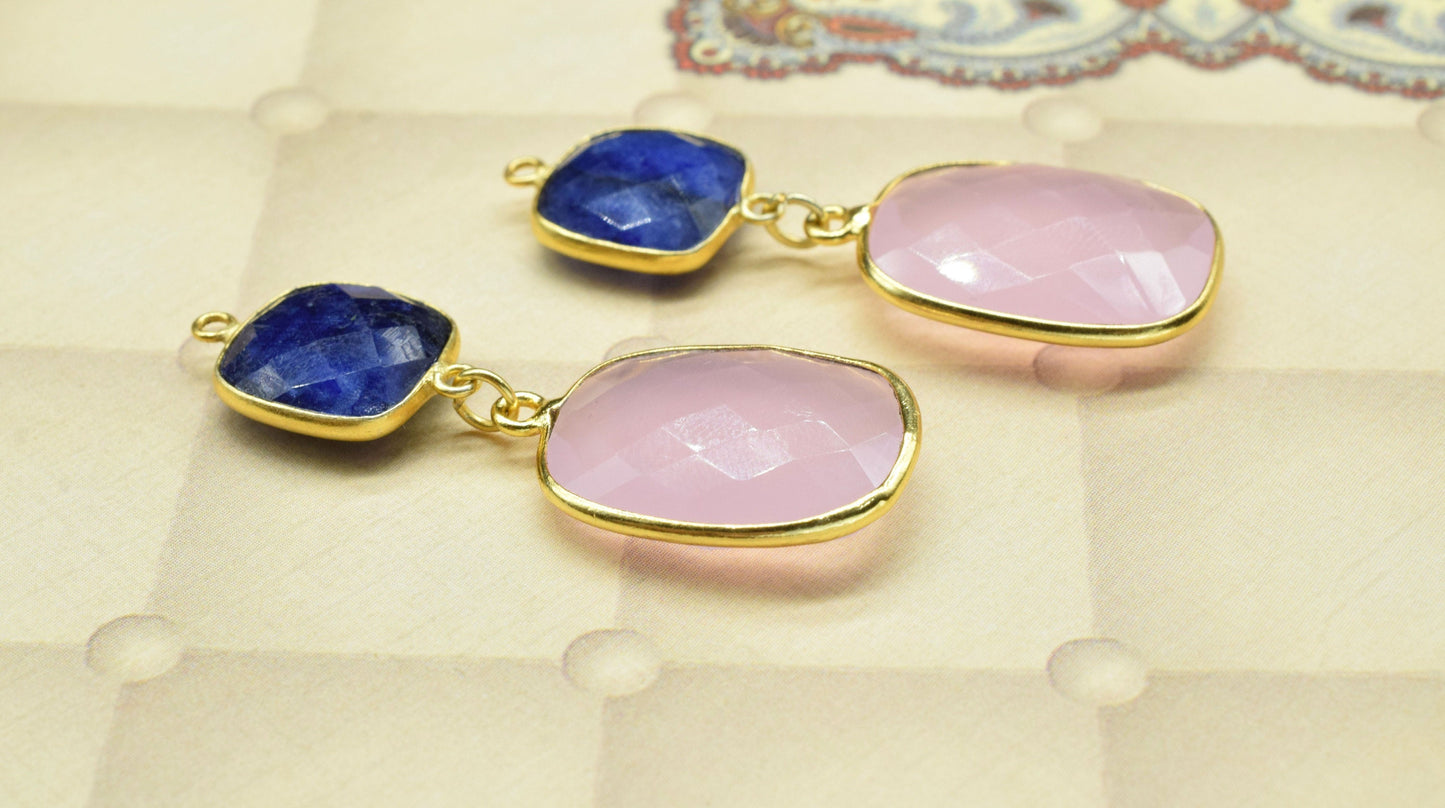 Blue Sapphire Component pendant,Multi Stone Dangle Earring,Square Shape Pendant Jewellry,Rose Quartz Dangle pendant Charm,Gemstone Connector