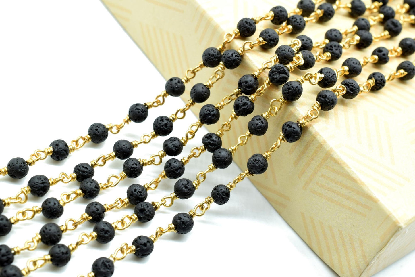 Black Lava Rock 4mm Round Beaded Wire Wrapped gold Polished Plated Chain - Beaded Chain,Black Lava Rosary Chain,Delicate Rosary Beaded Chain