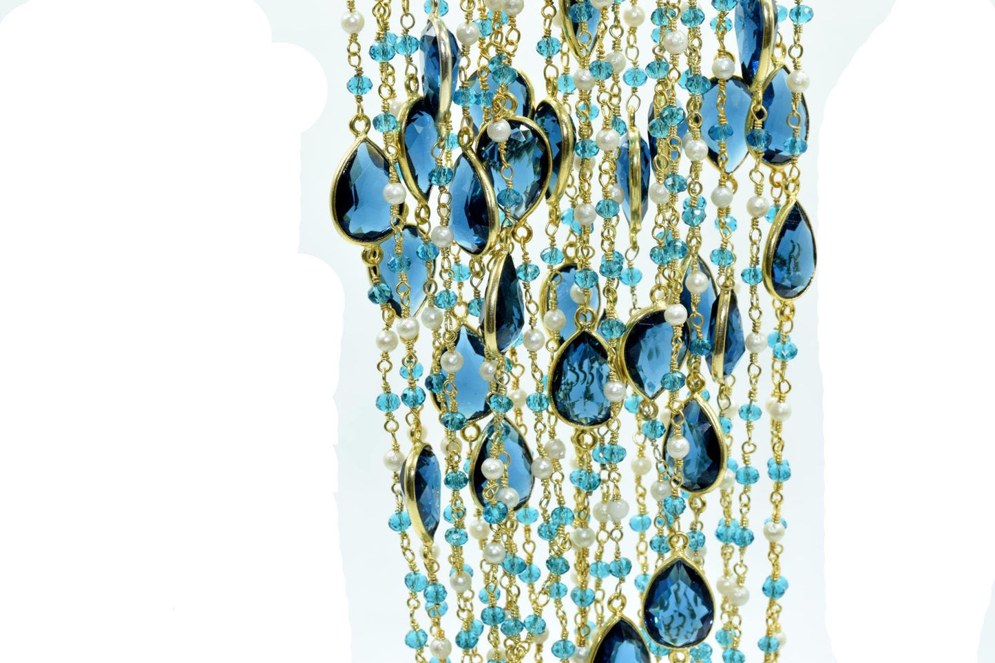 3mm Apatite Rosary,London Blue Topaz Bezel Link Chain,Pearl Beaded Rosary,Dual Gemstone Rosary Chain,Gold Plated Bezel Chain,Beaded Chain