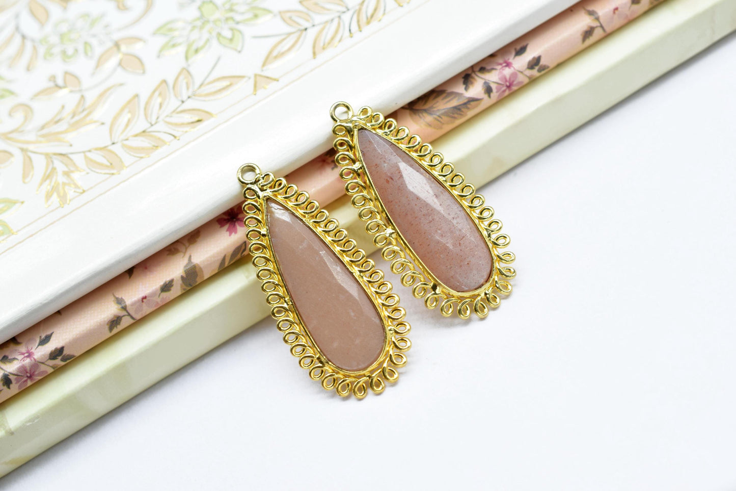 Peach Moonstone 10x30mm Teardrop Bezel Charm,Single Bail Pendant,Handmade Jewellery Connectors,Gemstone Brass Component,Handmade Connector