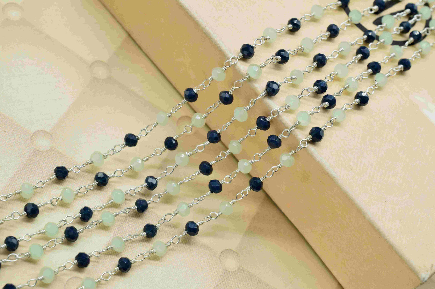 Blue Agate 3mm Beaded Chain,Multi Stone Beaded Rosary Chain,Aqua Quartz stone links,Handmade Jewelry Making Chain,Wire Wrapped Rosary Chain