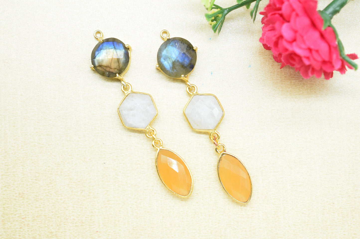 Labradorite Prong Bezel Charms Connector/Moonstone Jewelry/Earring Connector/Station Bezel Link Pendant/Handmade Jewelry/Carnelian/ Gift