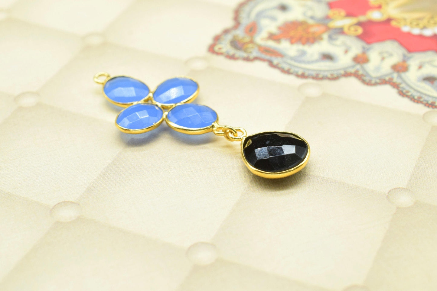Multi Stone Dangle Earring,Blue Chalcedony Dangle Earrings,Statement Earring,Handmade Jewelry,Black Onyx Drop Earring,Gemstone Bezel Earring