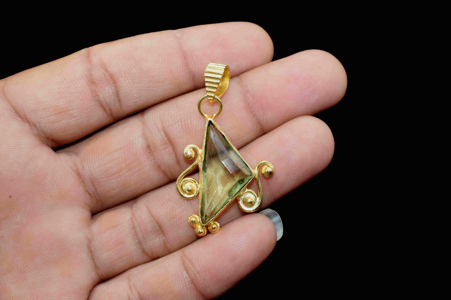 Green Amethyst 12x25mm Triangle Shape Pendant,Loose Gemstone for Pendant,February Birthstone, Jewelry Making Supplies, Gold Plated Necklace