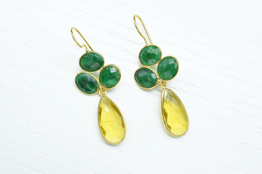 Natural Emerald Dangle Earrings,Multi Stone Dangle Earring,Statement Earring,Handmade Jewelry,Citrine Drop Earrings,Gemstone Bezel Earring