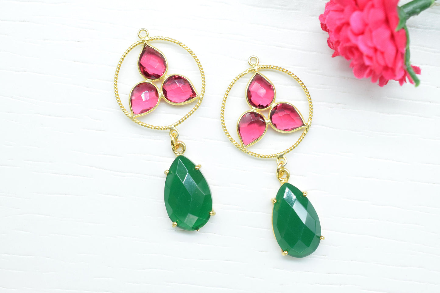 Pink tourmaline Bezel Charms Connector/Green Onyx Prong Jewelry/Earring Connector/Station Bezel Link Pendant/Handmade Jewelry/B'day Gift