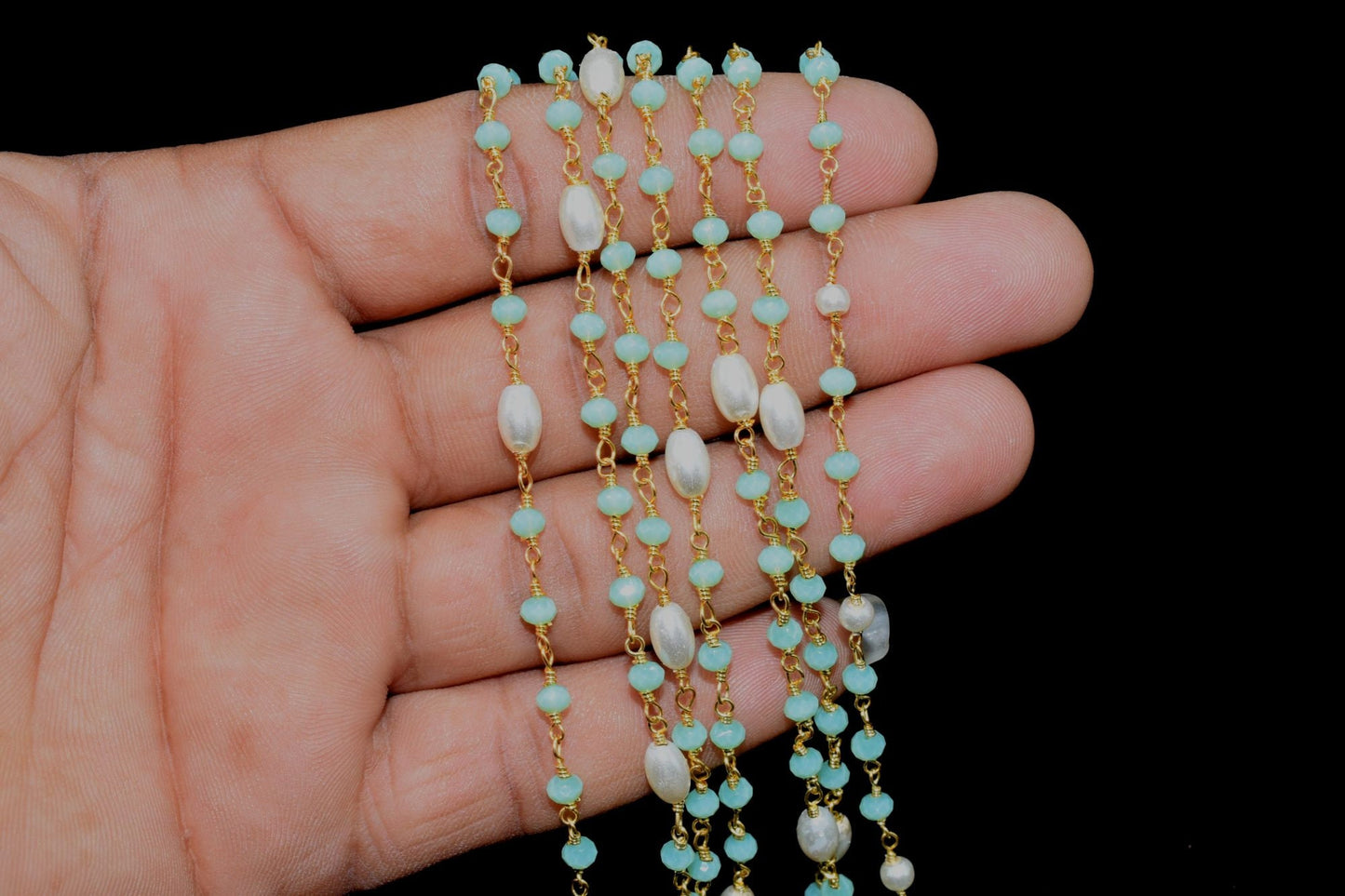 Aqua Chalcedony Hydro Faceted Rondelle Beaded Rosary Chain,Gold Plated Rosary Chain,Finding Wire Wrap Necklace Chain,Pearl Rosary Chain Gift