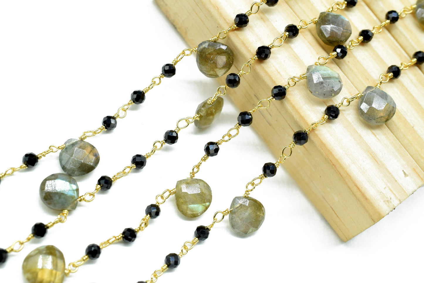 3-3.5 mm Black  Rosary Chain,Black Onyx Faceted Beaded Chain,Wire Wrapped Silver Plated Chain,labradorite briolette rosary ,dual gemstone ,