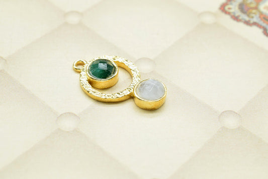 Emerald + Moonstone Gemstone  Pendant , Multi Gemstone Handmade Pendant , Single Bail Checker Cut Gemstone Connector, Gold Plated Connectors