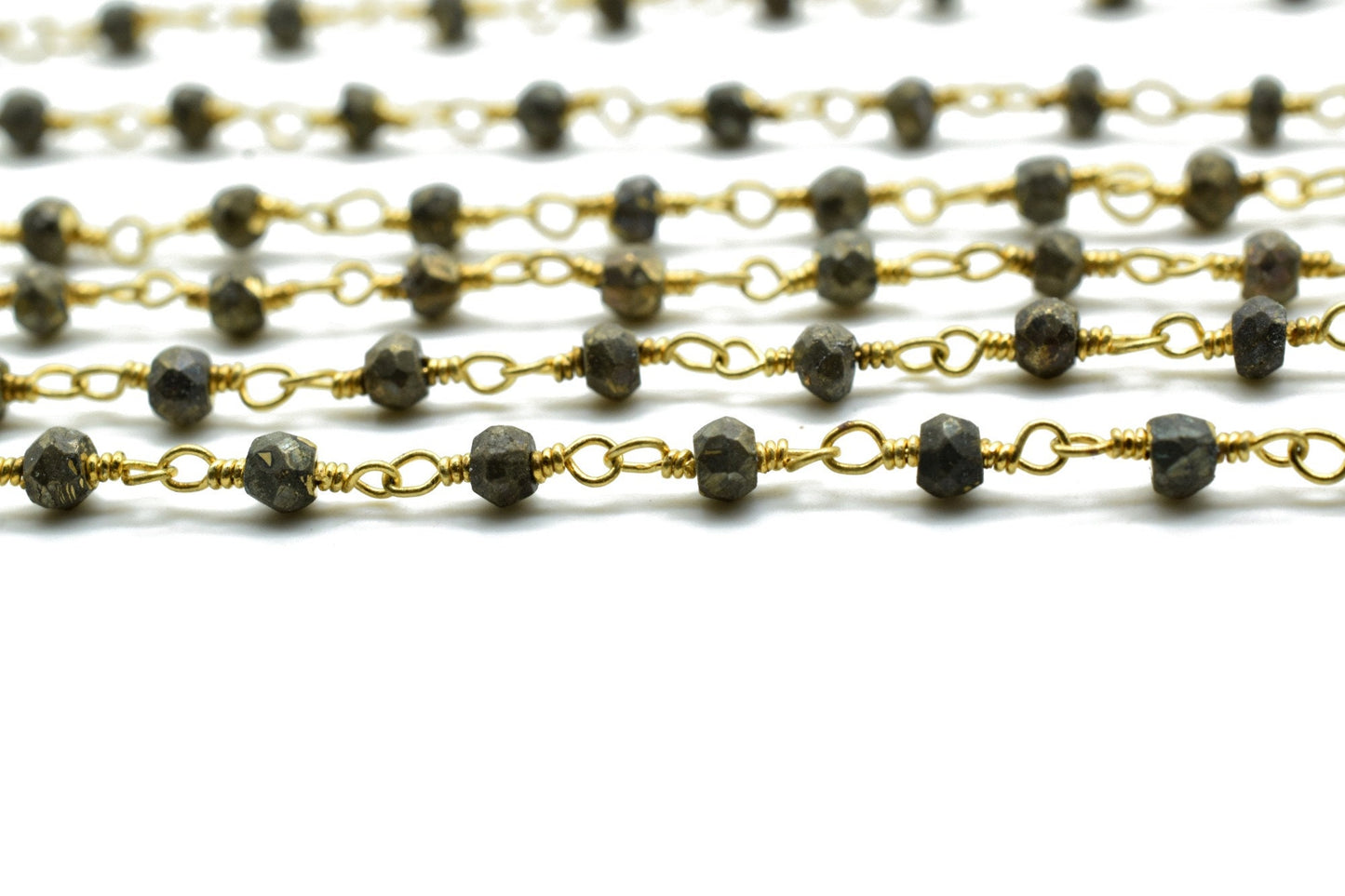 Natural Pyrite 3mm Beaded Chain,Beaded Rosary Chain,Pyrite Wrapped Brass Wire,Bracelet,Handmade Jewelry, Finding Necklace Chain In Brass