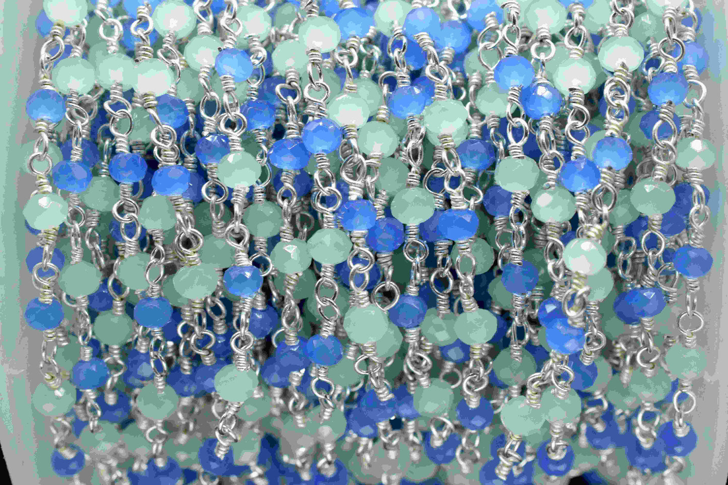 Peru Chalcedony 3mm Beaded Chain,Multi Stone Beaded Rosary Chain,Wire Wrapped Rosary Chain,Blue Quartz stone links,Handmade Jewelry Making