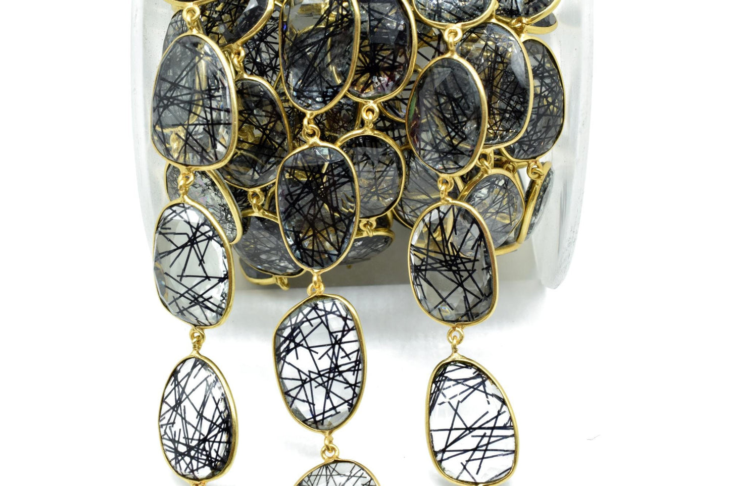 Black Rutile Gold plated Bezel Connector Chain,Black Rutile Faceted Bezel Link Chain,Black Rutile Free form bezel connector chain,jewelry