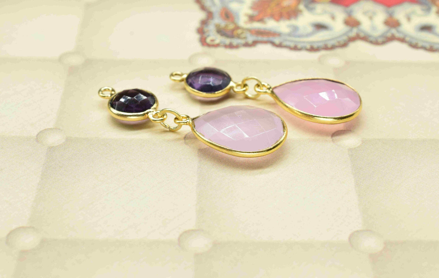 Rose Quartz Component pendants,Multi Gemstone Dangle Earring,Necklace Connectors,Handmade jewelry,Dangle pendant Charms,Station Bezel Link