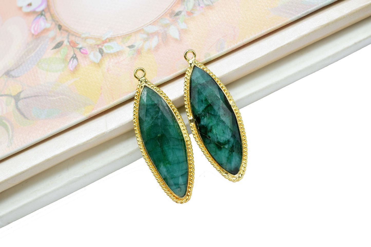 Emerald Gemstone Connector,Emerald Gold Plating Charm Connectors,Emerald Single Bail Charm,Emerald Faceted 10x30mm Marquise Shape Connectors