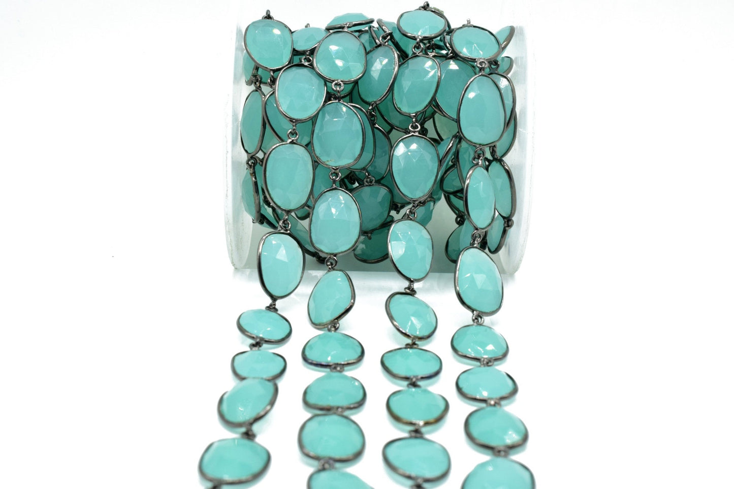 Aqua Chalcedony Bezel Connector Chain,Free form Size Faceted Gemstone Connector Chain,Handmade Bezel Link Chain,Gold Plated Bezel Link Chain