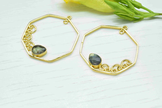 Labradorite 6x8mm Teardrop Gemstone Pendant,Finding Hexagon Shape Single Bail Charm,Finding Gold Plated Connectors,Labradorite Earring,Gift