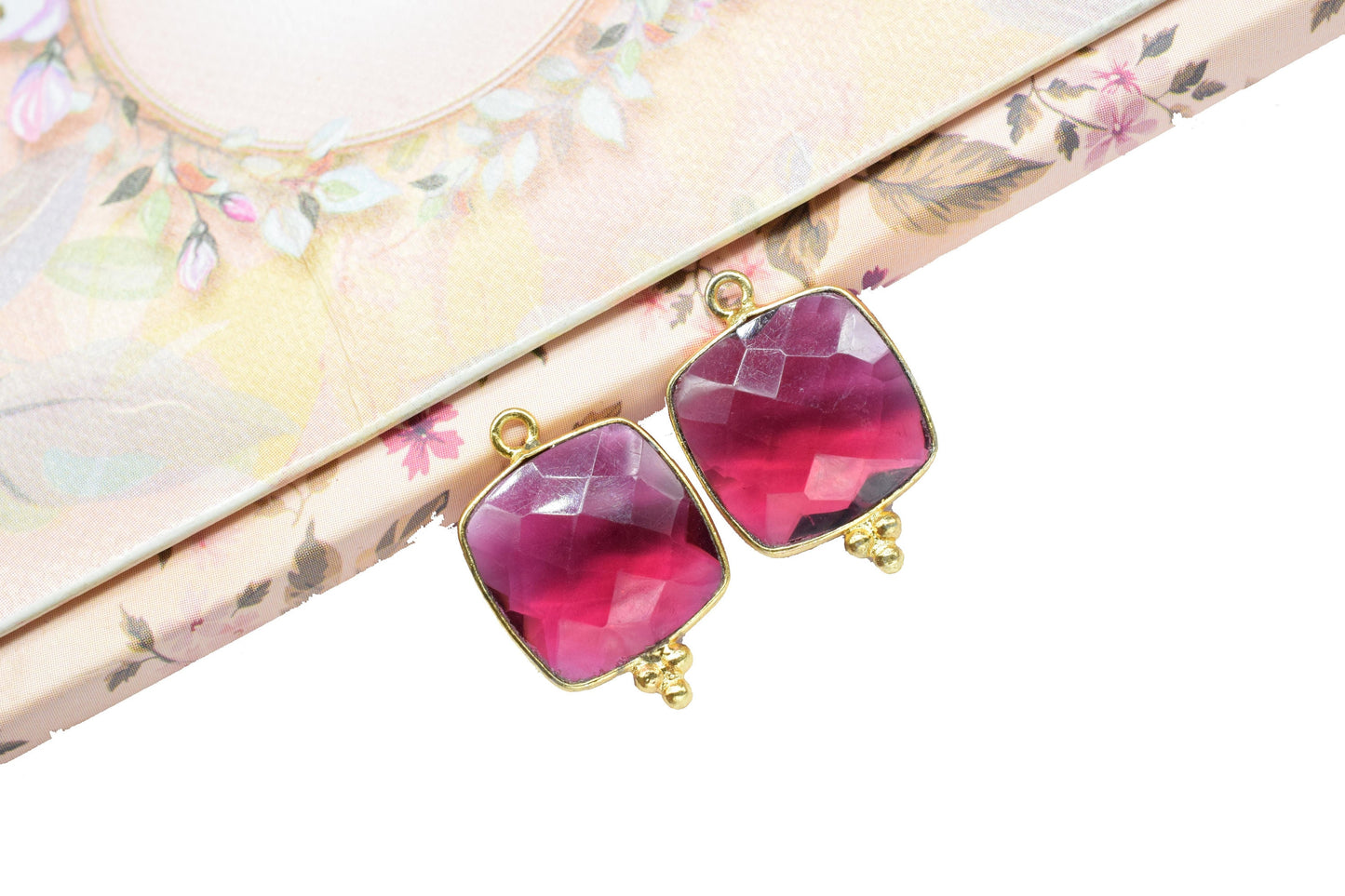 Pink Tourmaline 14mm Cushion Bezel charms,Station Bezel Jewelry Supplies,Square Shape Pendant,Pink Tourmaline Gemstone Connector,Square Bead