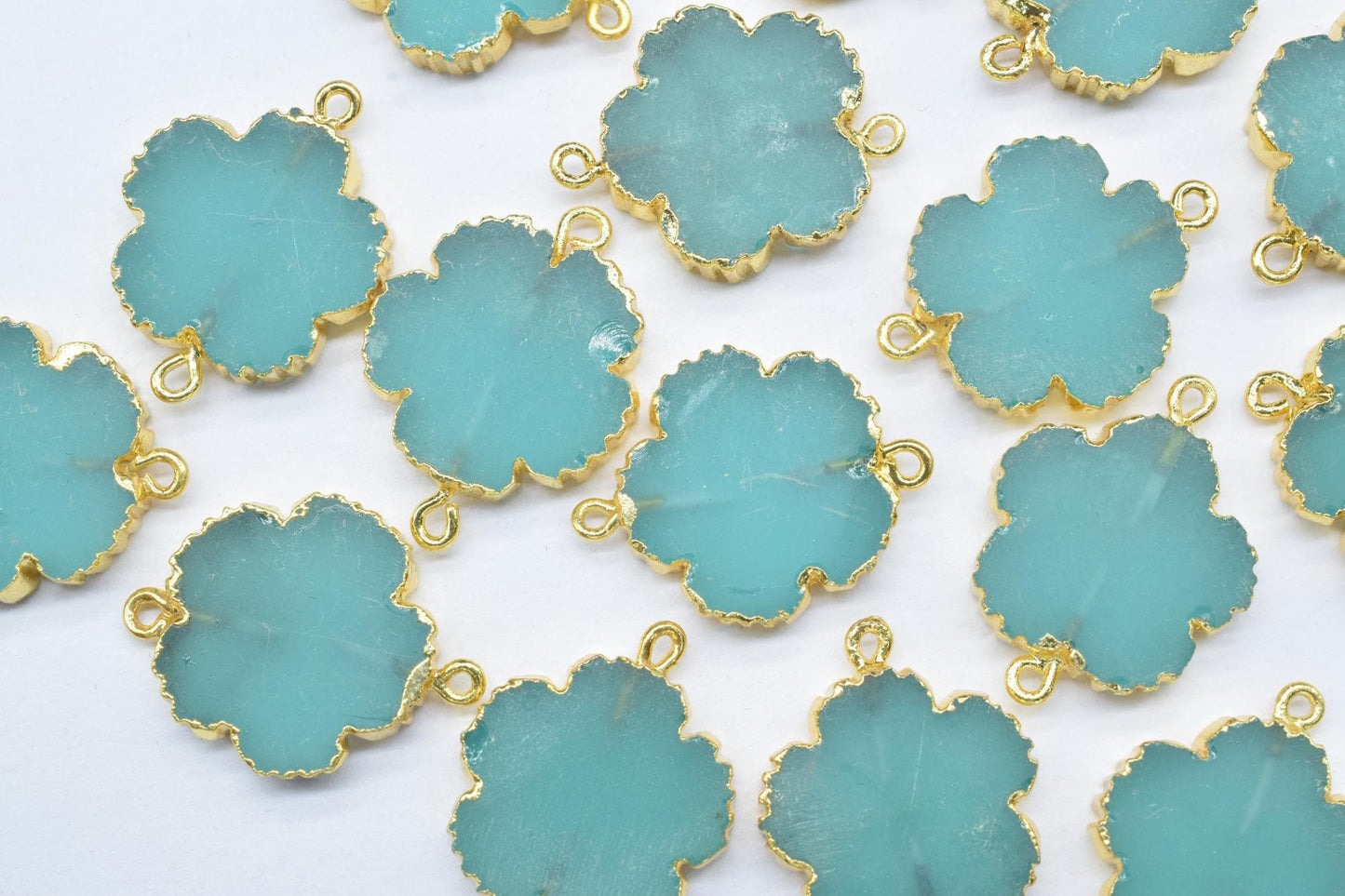 Aqua Chalcedony Clover charm Pendants,Handmade Flower Pendant,Necklace Connectors Jewelry,Gemstone Electroplated Charm,Double Bail Connector