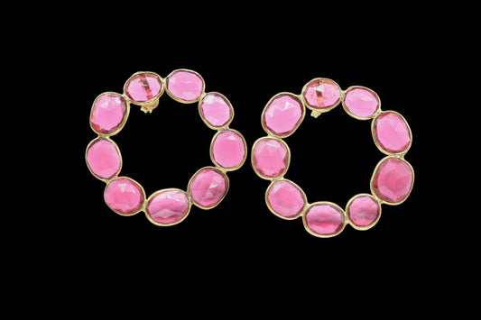 Gemstone Pink Tourmaline Earring/Bridal Earring/Round Shape Earring/Handmade Earring/Gold Plated Earring/Pink Stone Earring/Women Earring