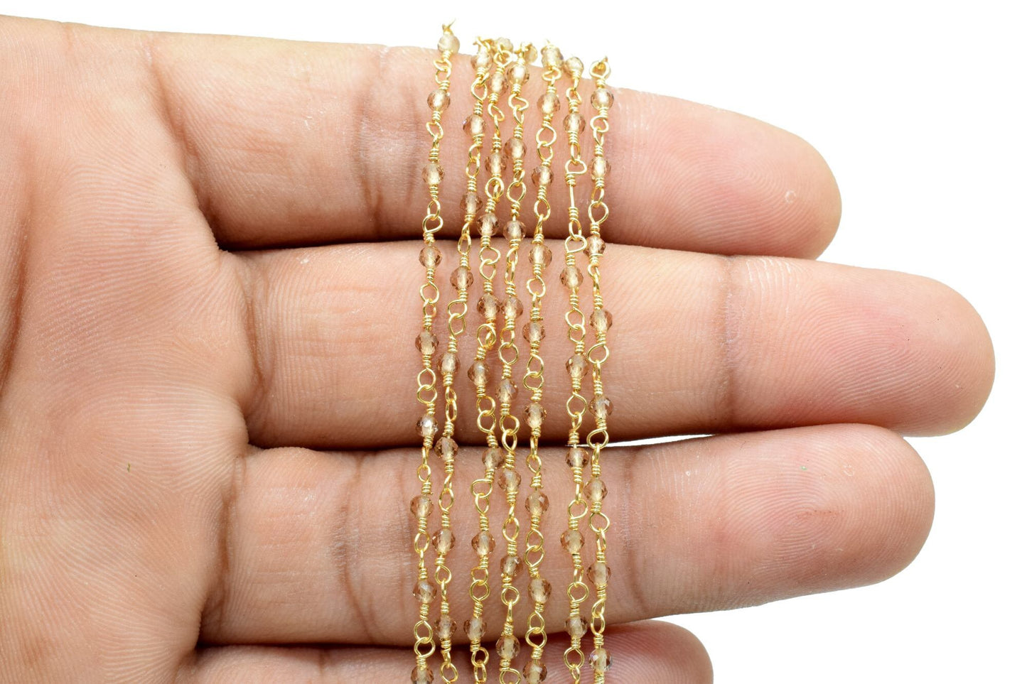 Smoky Quartz 2mm Beaded Chain,Smoky Quartz Rosary,Gold Plated Wire Wrap Chain,Brass chain,Jewelry Making Chain,Rosary,Smoky vermeil chain